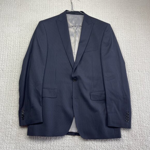 Kenneth Cole Mens 2 Piece Suit Blazer 40 R / Pants 34R Navy Blue Pine Striped - Picture 2 of 16